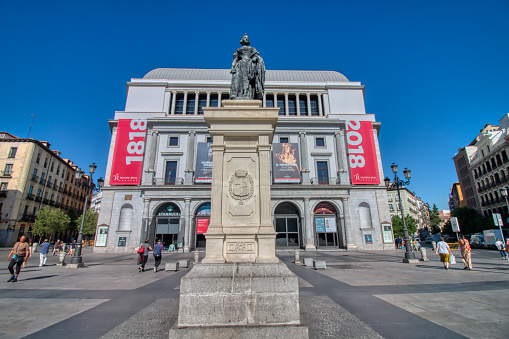 Madrid, Spain - June 21, 2019: Today the Teatro Real opera is one of the great theaters of Europe hosting large productions involving leading international figures in opera singing, and dance.
