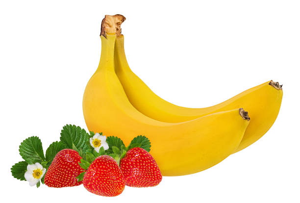 istock Bananas and strawberries isolated on white background with clipping path 1159421951