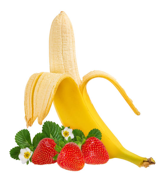 istock Bananas and strawberries isolated on white background with clipping path 1159422978