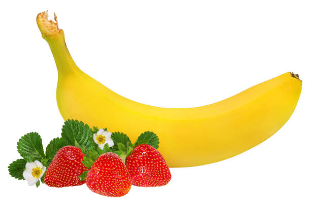 istock Bananas and strawberries isolated on white background with clipping path 1159423018