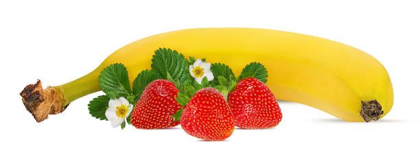 Bananas and strawberries isolated on white background with clipping path