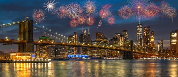 istock Banner Multicolor Firework Celebration over New york Cityscape with Brooklyn Bridge over the east river at the twilight time, USA downtown skyline,  4th of July and Independence day concept 1159423075