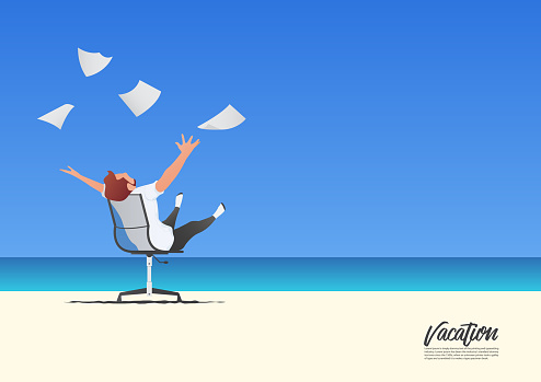 Businessman relaxing with throwing white papers to the blue on white sand beach while on his vacation. Freedom and work life balance concept. Blue gradient sky background  with copy space for your text.  Vector Illustration.