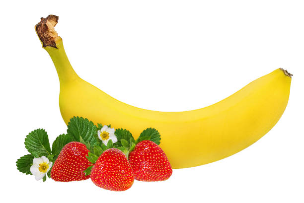 istock Bananas and strawberries isolated on white background with clipping path 1159423197