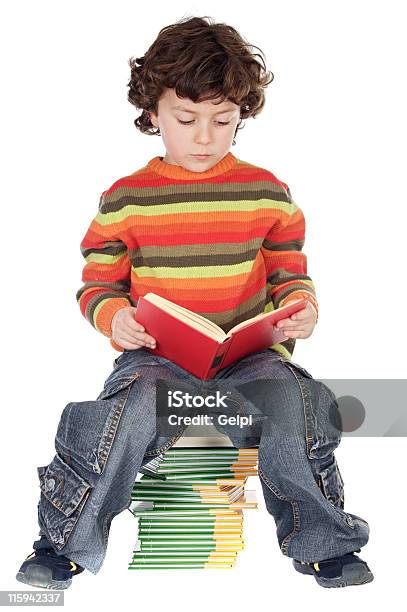 Adorable Boy Studying Stock Photo - Download Image Now - Apple - Fruit, Baby - Human Age, Book
