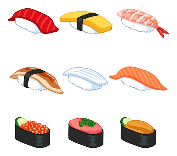 illustration of various sushi Vector illustration of various sushi cartoon of the sushi plate stock illustrations