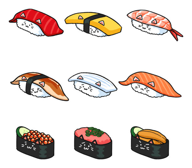 illustration of various sushi cats Vector illustration of various sushi cats cartoon of the sushi plate stock illustrations