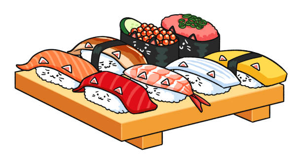 Illustration of sushi cats for one person Vector Illustration of sushi cats for one person cartoon of the sushi plate stock illustrations