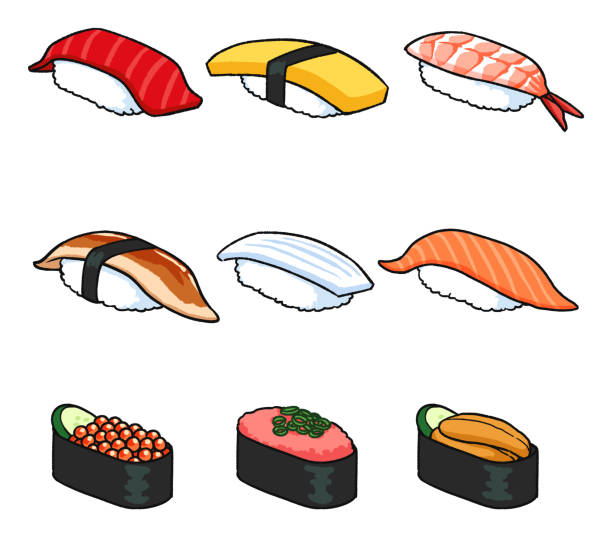 illustration of various sushi Vector illustration of various sushi cartoon of the sushi plate stock illustrations