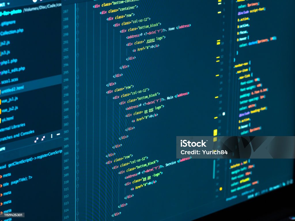 Close Up Coding On Screen Splitting Of Html And Css In The Code Editor ...
