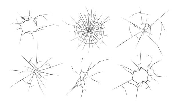 Broken glass cracks, vector illustration set vector art illustration