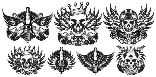 Vector illustration of Vector monochrome illustration set on the combined theme of rock music and motorcycle