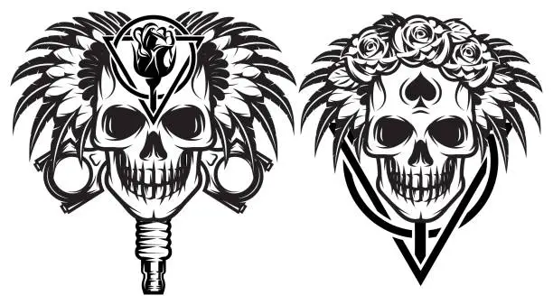 Vector illustration of Vector monochrome illustration with groom and bride, skull, roses