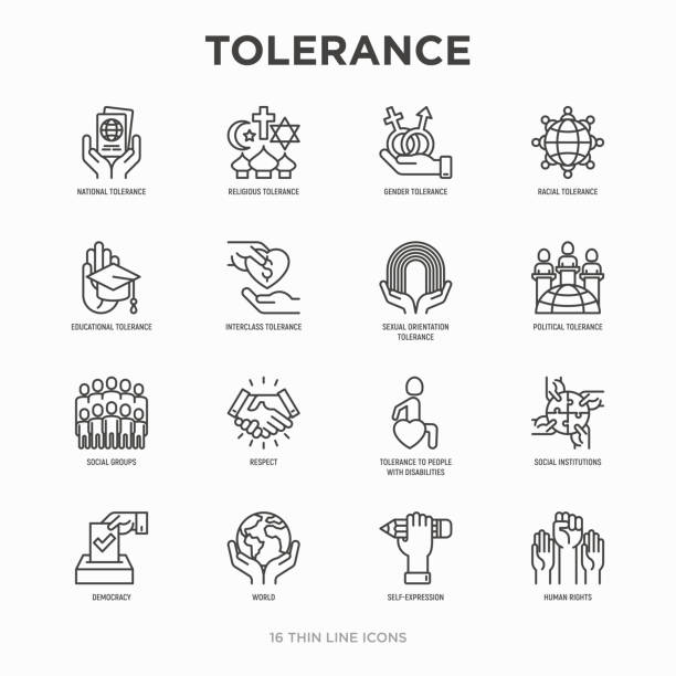 toleranz dünne linie symbole satz: geschlecht, rasse, nationale, religiöse, sexuelle orientierung, bildungs-, interclass, behinderung, respekt, selbstdarstellung, menschenrechte, demokratie. vektor-illustration. - religious icon stock-grafiken, -clipart, -cartoons und -symbole