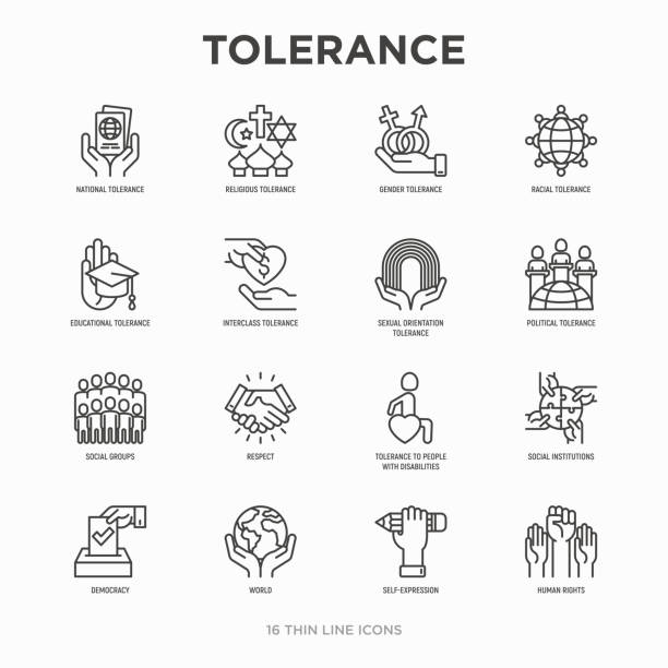 tolerancja cienka linia ikony zestaw: płeć, rasowy, narodowy, religijny, orientacja seksualna, edukacja, interclass, dla niepełnosprawności, szacunek, wyrażanie siebie, prawa człowieka, demokracja. ilustracja wektorowa. - respect stock illustrations