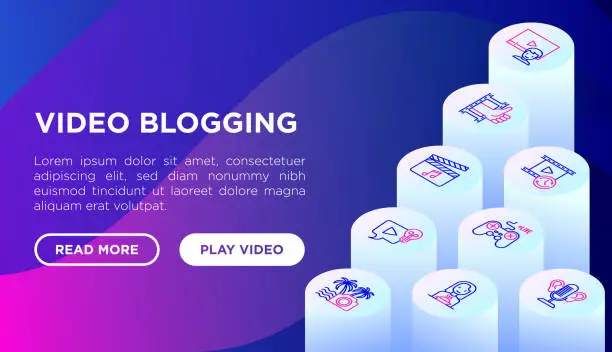 Vector illustration of Video blogging concept with thin line isometric icons: vlog, ASMR, mukbang, DIY, stream game, review, collaboration, podcast, tips and tricks. Modern vector illustration, web page template.