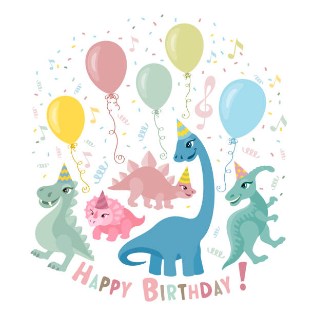 динозавр партия приглашение карты - dinosaur animal cartoon blue stock illustrations