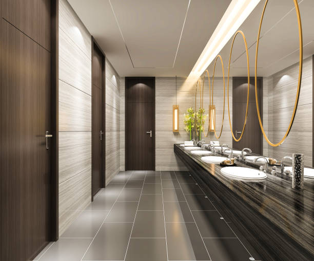 istock 3d rendering wood and modern classic tile public toilet 1159430251