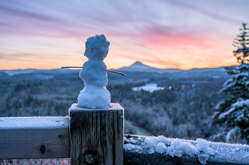 Tiny Snow Man And Mt. Hood