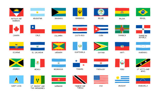 ilustrações, clipart, desenhos animados e ícones de bandeiras dos 35 países do continente americano. - salvador