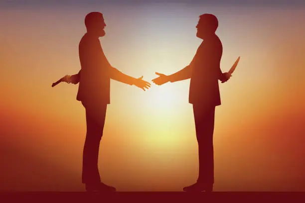 Vector illustration of Concept of deception with a handshake between two men who hides their will to kill each other.