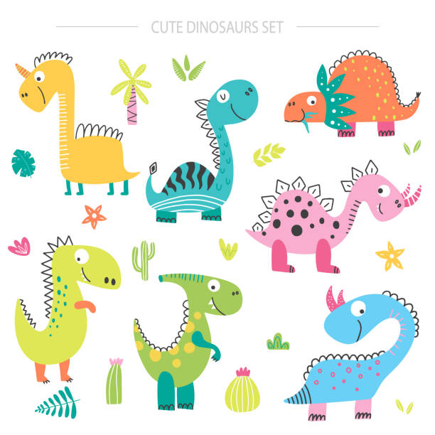 Set With Cute Cartoon Dinosaurs Stock Illustration - Download Image Now -  Dinosaur, Cute, Young Animal - iStock