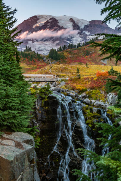 Long Exposure of Myrtle Falls in Autumn underneath Mount Rainier
