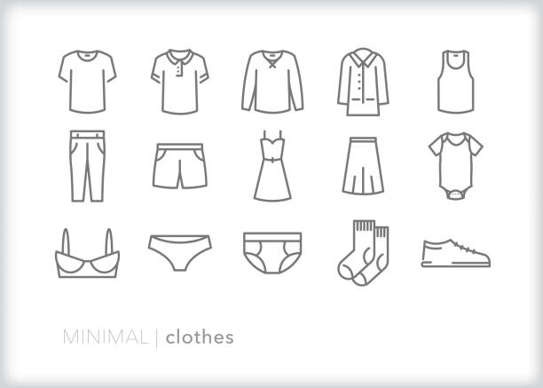 illustrazioni stock, clip art, cartoni animati e icone di tendenza di set di icone della riga dell'elemento di abbigliamento - biancheria intima