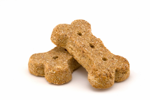 Two dog bones isolated on a white background.