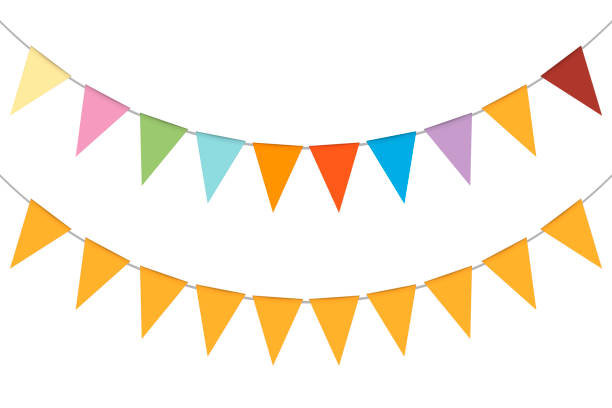 ilustrações de stock, clip art, desenhos animados e ícones de pennant banner garland, vector illustration. hanging multicolor triangle flags. colorful festival party bunting - party