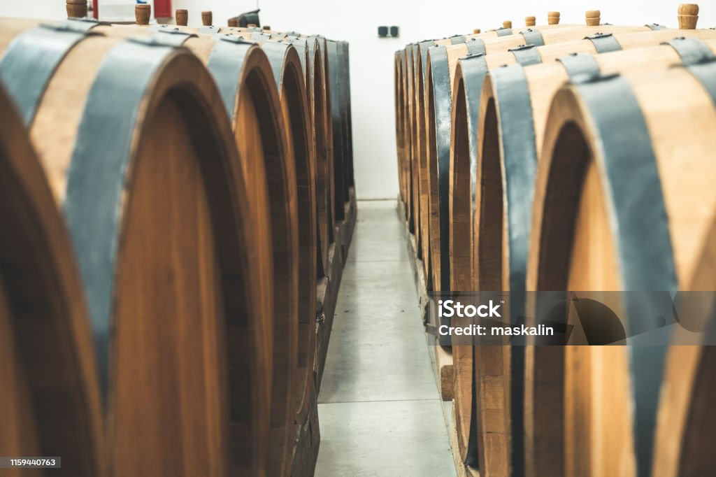 Oak barrels in the cellar filled with brandy Distillery with oak barrels filled with brandy Aging Process Stock Photo