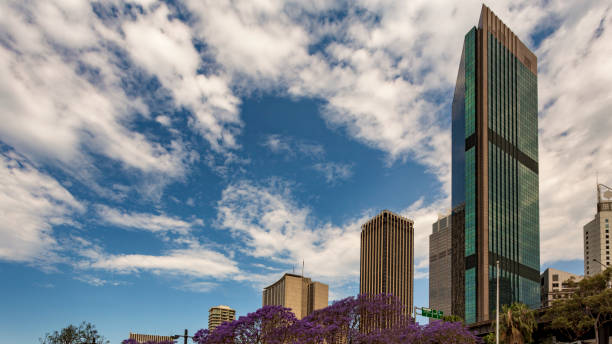 hoher turm von sydney stadt. - sky dramatic sky cloudscape passion stock-fotos und bilder