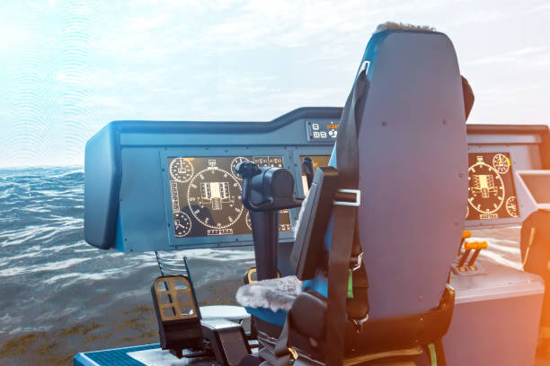 contrôle de simulateur du navire, navire marin. vue de la chaise du capitaine. - cockpit airplane aerospace industry control photos et images de collection