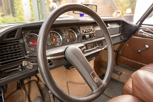 Ankara,Turkey-June 29, 2019:Shows the dashboard of a French vintage Citroen car on display.