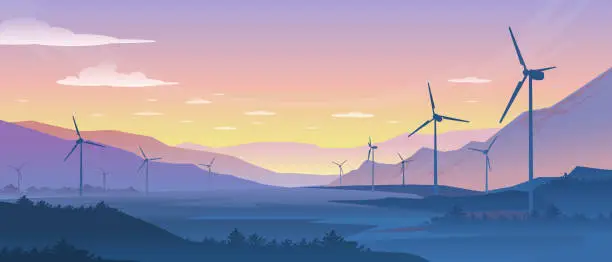 Vector illustration of Mountain ecology landscape. Sustainable wind energy turbines silhouette with pine forest and mountains. Vector realistic nature