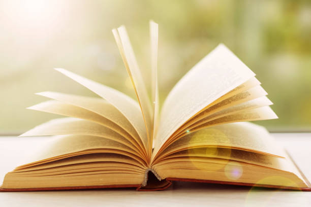 istock open book lying on wooden white table, lit by sun 1159445307