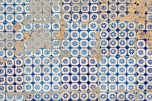 Close up of blue and white tile pattern background in Fez, Morocco, North Africa.