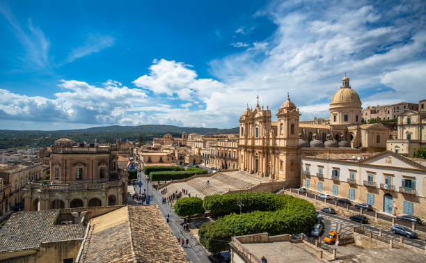 Panoramic view of Noto old town and Noto Cathedral, Sicily, Italy. Panoramic view of Noto old town and Noto Cathedral, Sicily, Italy. noto sicily stock pictures, royalty-free photos & images