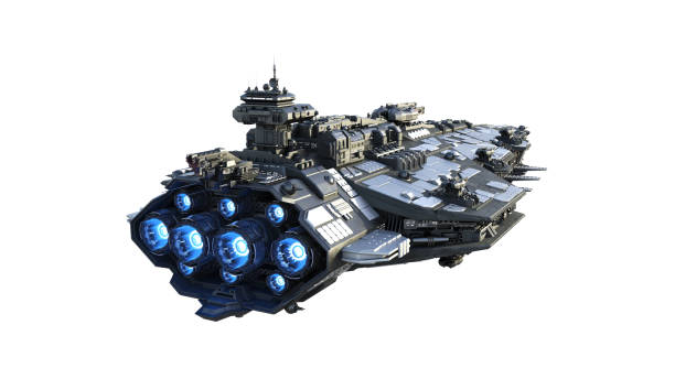 Alien spaceship flying, UFO spacecraft in flight isolated on white background, rear view, 3D render Alien spaceship flying, UFO spacecraft in flight isolated on white background, rear view, 3D rendering spaceship stock pictures, royalty-free photos & images