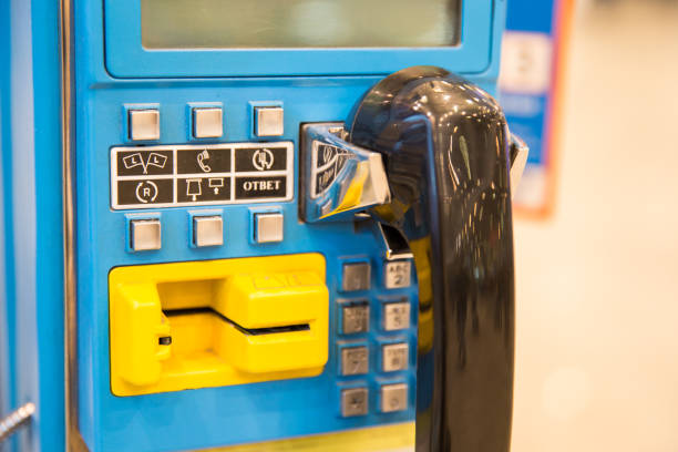 Close up of blue modern Payphone in airport