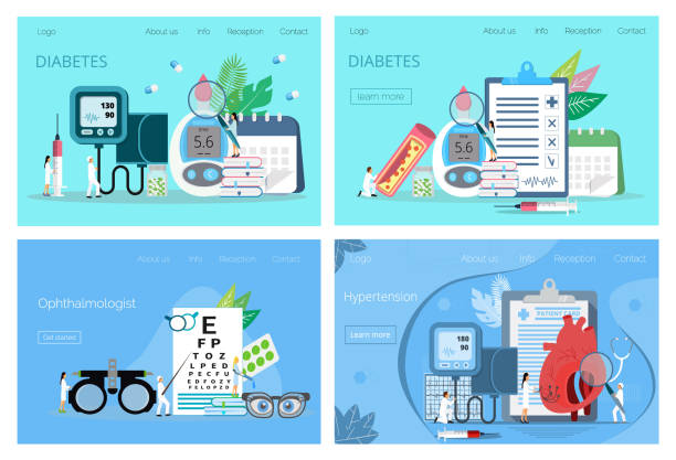 Health concept of hypotension and hypertension disease Health concept of hypotension and hypertension disease. Ophthalmologist eyesight check up, diabetes mellitus, type 2 diabetes and insulin production concept vector for landing page, flyer, web. cholesterol screening stock illustrations