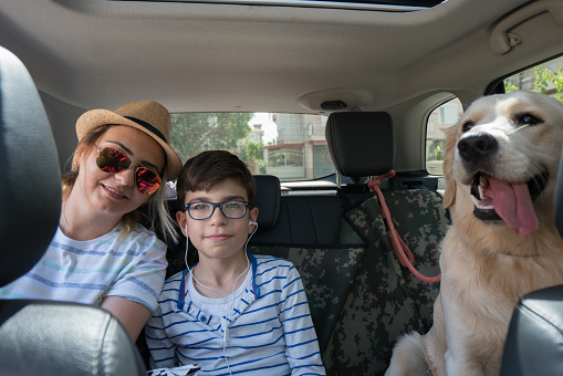 Happy family going on a road trip together with dogs