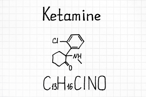 Handwriting Chemical formula of Ketamine. Close up.