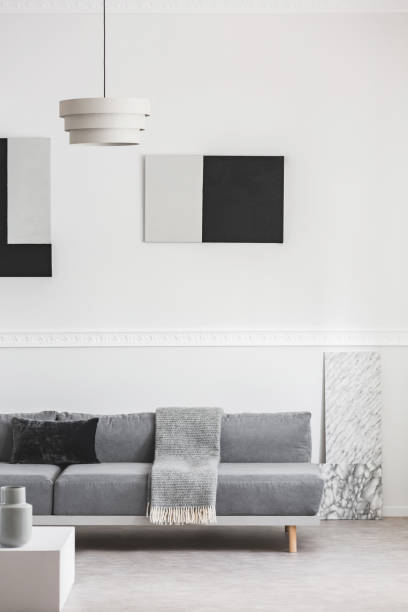 istock Black and grey paintings on white wall behind comfortable grey couch in elegant living room 1159460409