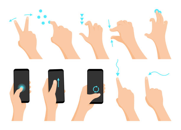 touchscreen-handgesten flach farbige icon-serie mit pfeilen zeigt richtung der bewegung der finger isoliert vektor-illustration - mit dem finger zeigen stock-grafiken, -clipart, -cartoons und -symbole