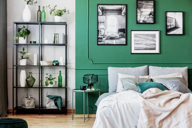 galerij van zwart-wit poster op groene muur achter king size bed met kussens en deken - groene kleuren fotos stockfoto's en -beelden