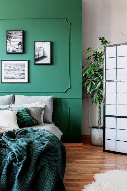 istock White, grey and green classy bedroom interior design 1159464048