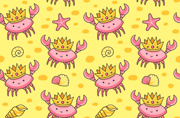 Cute crabs in the golden crowns on a sand background. Seamless pattern for textile, fabric, posters, decor, paper, wallpaper. Vector design for kids, children, babies. plage stock illustrations