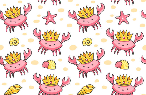 Cute crabs in the golden crowns. Seamless pattern for textile, fabric, posters, decor, paper, wallpaper. Vector design for kids, children, babies. plage stock illustrations