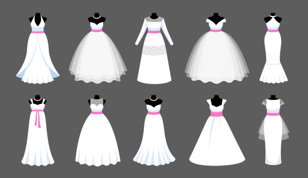 ilustrações de stock, clip art, desenhos animados e ícones de a set of long white dresses with pink ribbons. - wedding dress